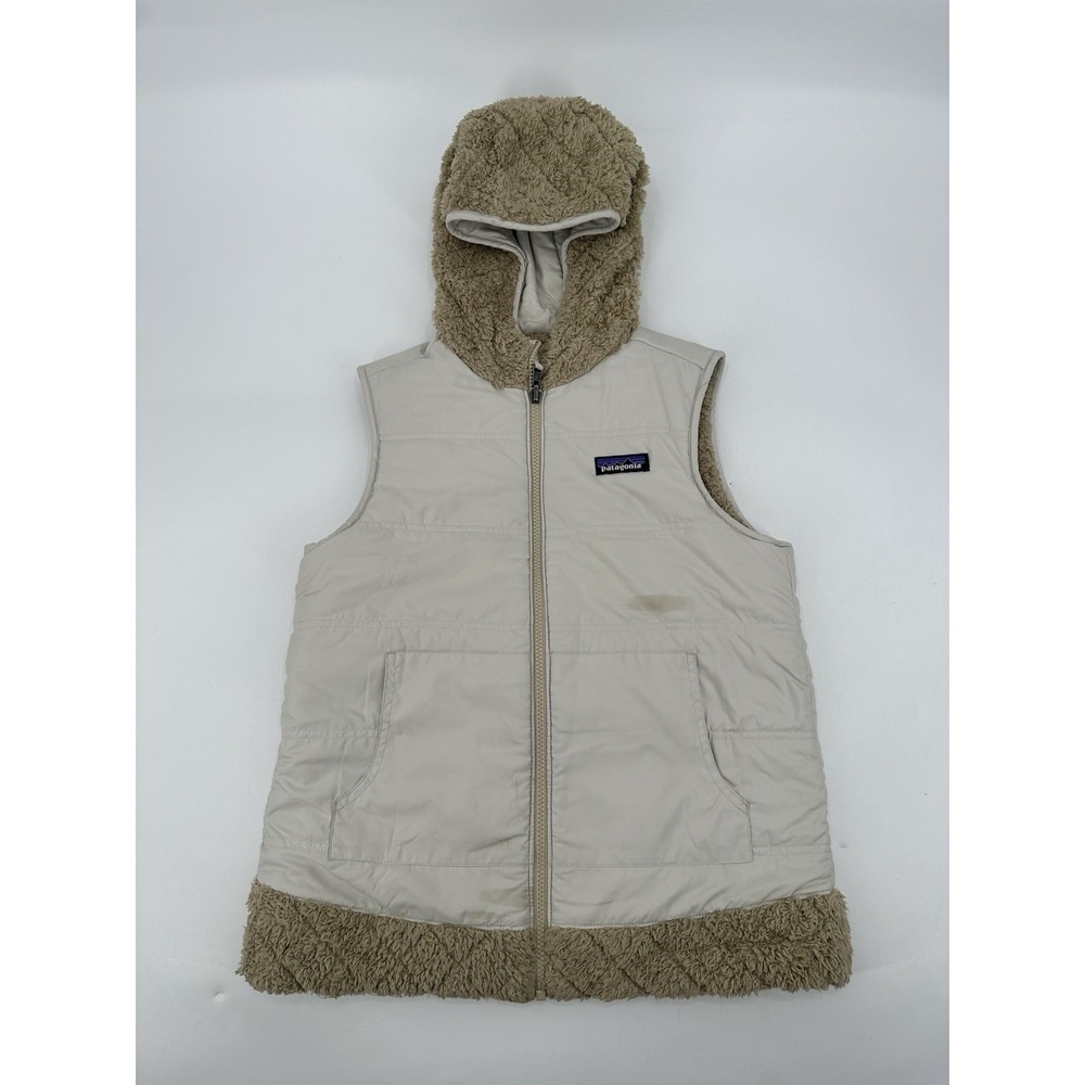 Patagonia Vest Reversible Sherpa Quilted Tan Hooded Fuzzy Soft W's‎ Sz Small